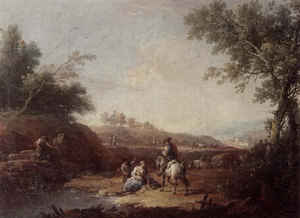 An italianate landscape with fishermen and travellers resting beside a pool, Giuseppe Zais